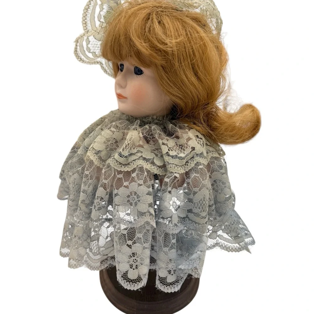 Porcelain Doll Bust Head on Stand with Lace Dress and Hat - Picture 5 of 8